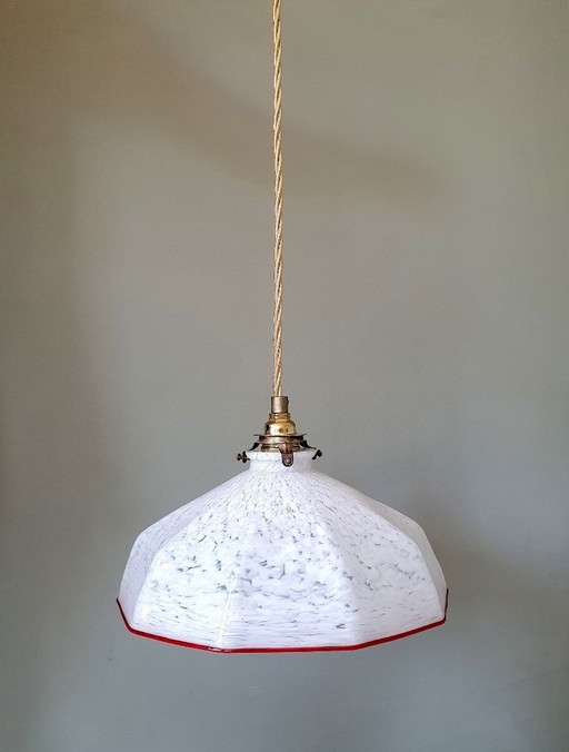 lampada a sospensione esagonale vintage - vetro opalino - paralume bianco marmorizzato