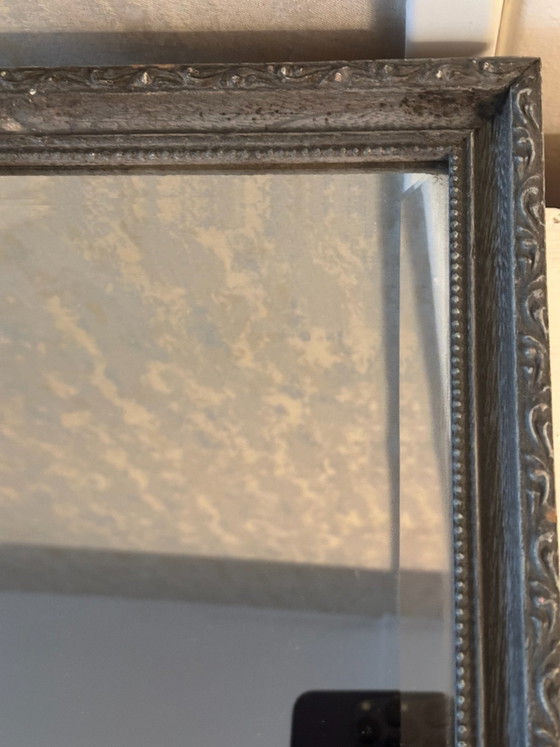 Antique Beveled Mirror, Anthracite Molded Wood Frame H 30/W25 cm, Glass, Grey, Vintage (photo 6 of 12)