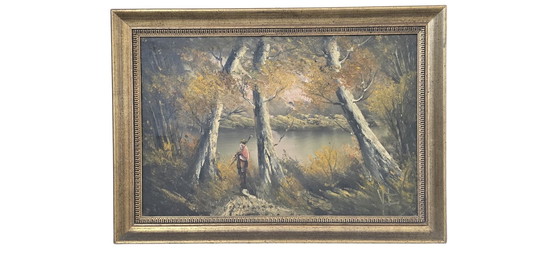 Image 1 of Atmospheric Painting "Autumn Landscape" – Vintage 1970s with Gold Frame
