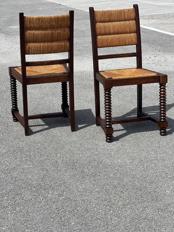 Image 1 of Set of bench and 2 chairs in solid oak and straw French work 1940