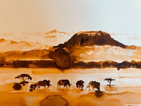 Image 1 of Signed painting of an African landscape and animals, "Kilimanjaro".