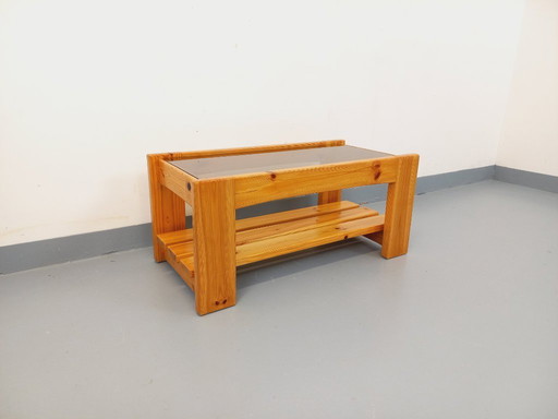 Vintage coffee table in pine and smoked glass from the 70s/80s