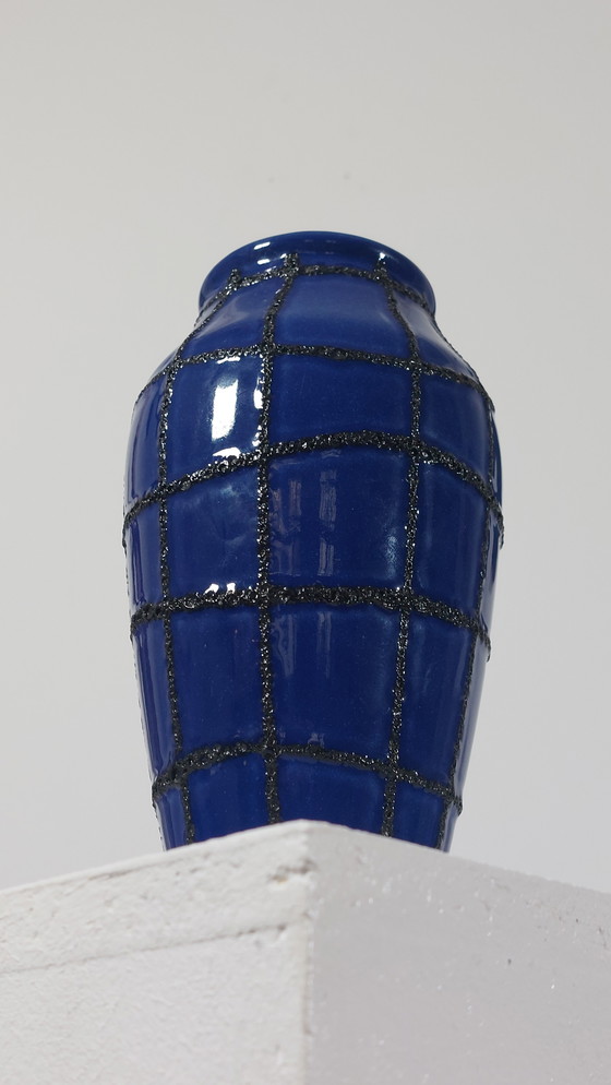Image 1 of Vintage Ceramic Vase Fat Lava Spiderweb Blue