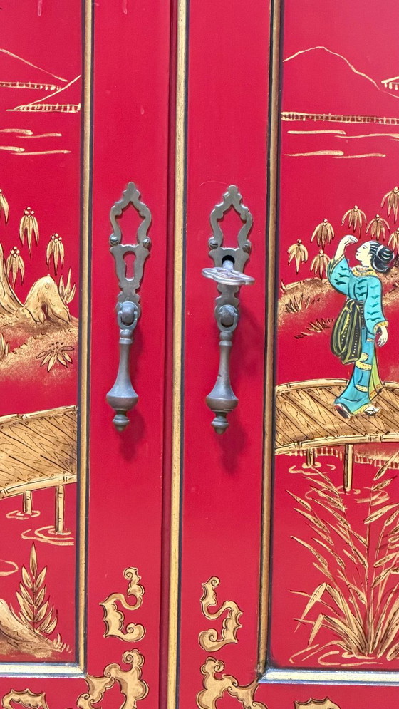 Meuble Console Mince Chinoiserie Vintage, Laqué à la Main (Années 1970), Buffet bas, Bois, Métal, Rouge (photo 6 sur 15)