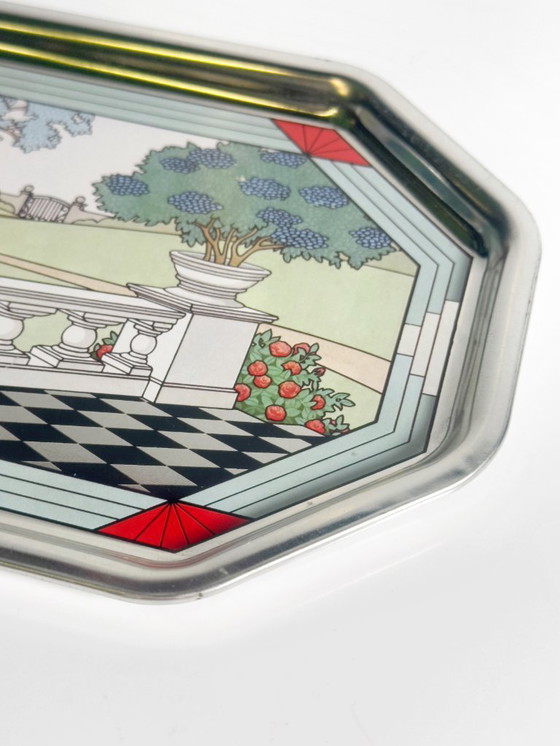 Image 1 of Vintage Avon bowl, Art Deco illustration, metal plate, 1980s