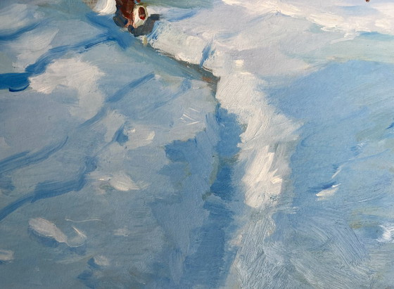 Image 1 of Original Oil Painting Winter Village Landscape Quiet village in winter