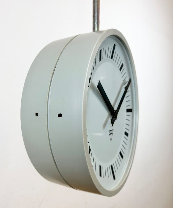 Image 1 of Grey Industrial Bakelite Double Sided Factory Clock from Pragotron, 1980s