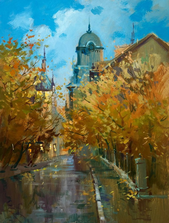 Image 1 of Original Oil Painting Autumn City Landscape The rustle of leaves underfoot
