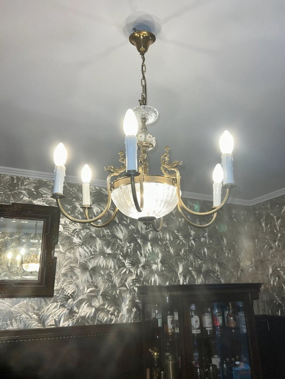 Image 1 of Unikat! Echter Jugendstil-Leuchter mit Glasschale und Fischen aus Messing. Ca. 1915