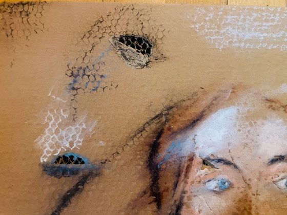 Image 1 of A female portrait painting created on old, worn, honeycomb-patterned cardboard packaging.