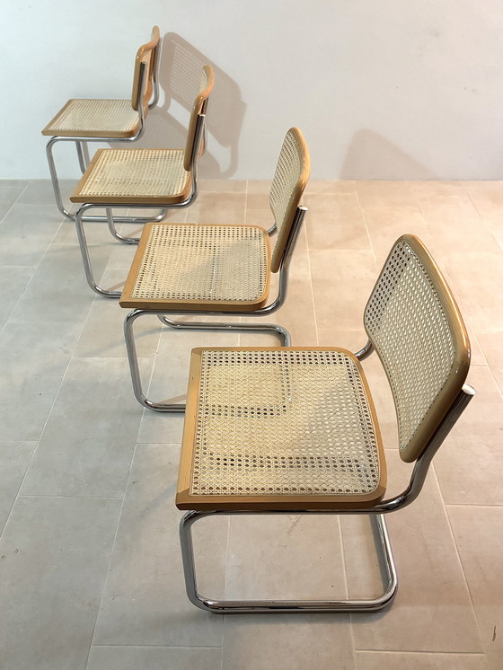 Image 1 of Set di sedie da pranzo a sbalzo in canna modello B32 in cromo di Cesca Italia, design di Marcel Breuer