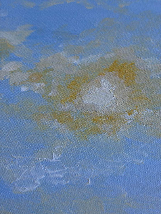 Image 1 of Rustgevend zeegezicht schilderij met boot – zacht nazomerlicht | Yaya Masu