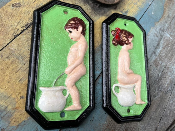 Image 1 of Vintage Cast Iron Toilet Restroom Signs Boy Girl Mint Green