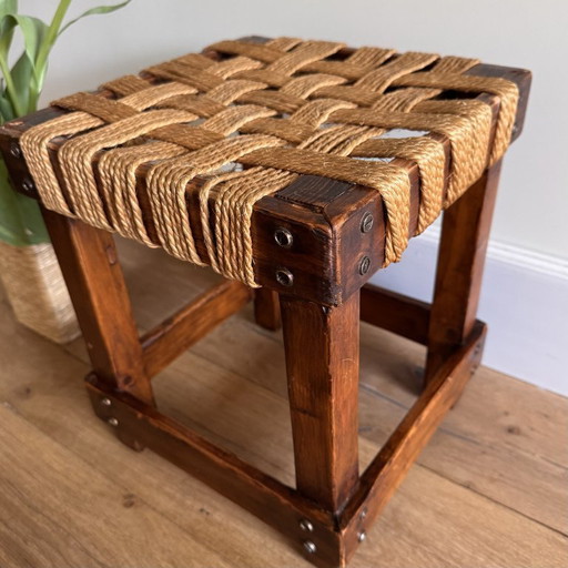 Dutch Brutalist Stool, Oak & Rope – ca. 1960