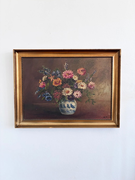 Image 1 of Vintage original floral oil painting with blue and white vase