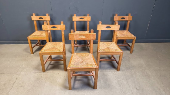 Image 1 of Vintage oak and wicker brutalist chairs, 1960s - set of 6