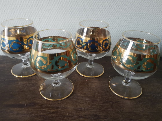 Image 1 of Prachtige 60's vintage brandy whisky whiskey cognac glazen met bladgouden randen en blauwe details