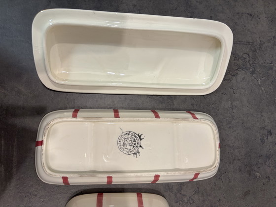 Image 1 of Vintage Boch Frères La Louvière Belgian Bathroom Set — Pink Polka Dot & Stripe