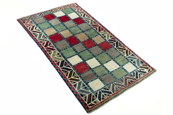 Image 1 of Handgeknüpfter Gabbeh Nomadenteppich – 183 x 107 cm – Farbige Karos & Tribal-Bordüre