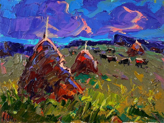Image 1 of Dipinto ad olio originale, paesaggio al tramonto estivo, colori della sera