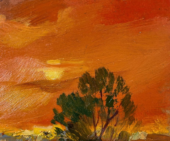 Image 1 of Original Oil Painting Sunset Field Landscape Evening Moment