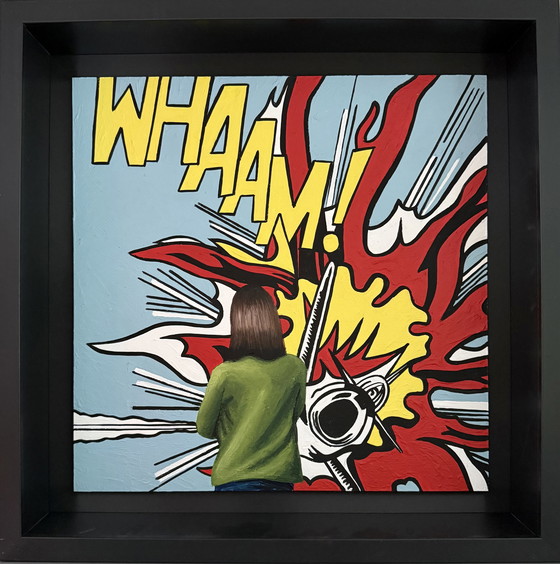 Image 1 of Gerard Boersma : Whaam ! (tableau représentant une femme admirant un tableau de Roy Lichtenstein). Pièce unique, encadrée, avec 