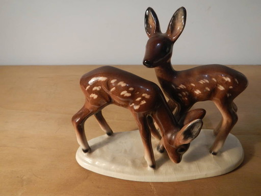 Small ceramic sculpture with deers, Germany, 60s