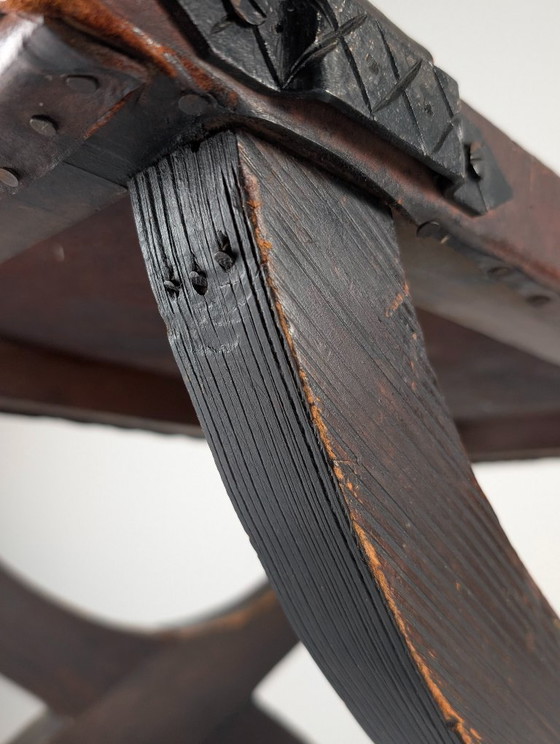 Image 1 of Sgabello curule coloniale spagnolo in pelle e ferro battuto, Messico, anni '40