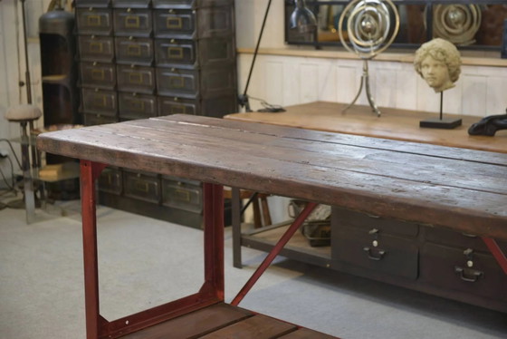 Industrielle Werkbank 1950er Jahre – Schreibtisch, Holz, Polierter Stahl, Industrieel (photo 14 of 15)