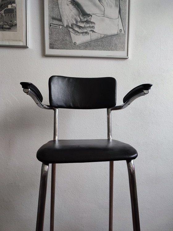 Image 1 of Vintage Children's Barber Chair 1950 Gispen Style Chrome & Black Barber Chair Children
