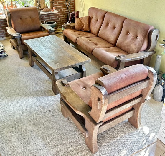 Rustieke houten zitgroep met bruine bekleding, Zithoek, Textiel, Rustic (foto 2 van 15)