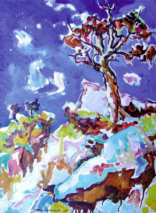 Origineel olieverfschilderij: Landschap, natuur, sneeuw in de bergen – schilderijen tekeningen, Canvas