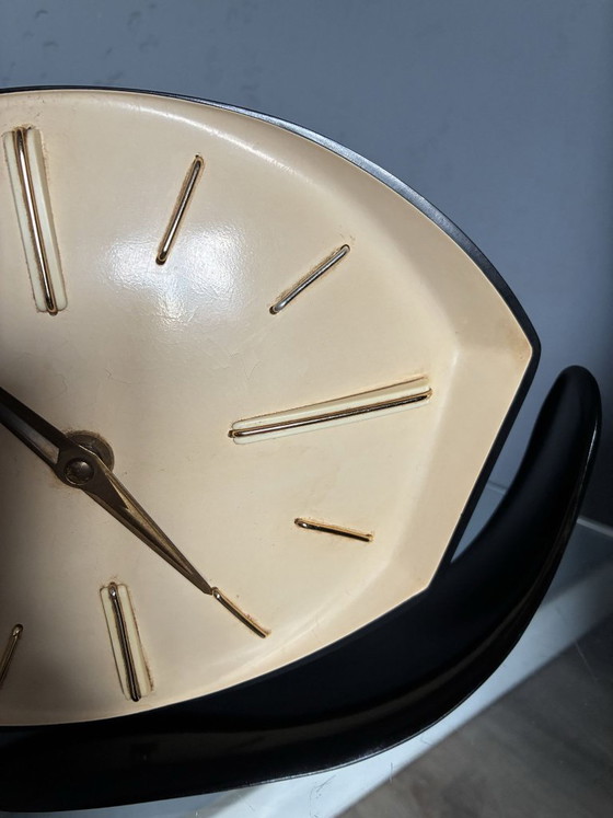 Orologio da camino Prim in bachelite, orologio occhio di gatto cecoslovacco anni '50, Plastica, Nero, 1950 (foto 3 di 7)