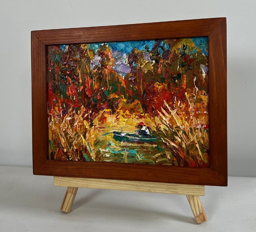 Original Oil Painting Autumn Forest Landscape There is a lake on the outskirts