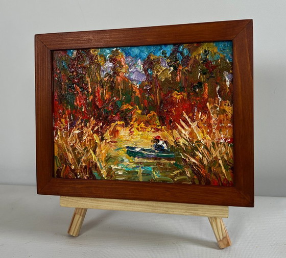 Image 1 of Original Oil Painting Autumn Forest Landscape There is a lake on the outskirts