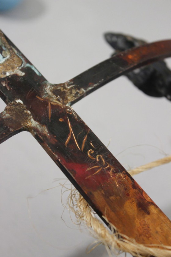 Image 1 of Brutalized crucifixion sculpture in welded iron, bronze, and copper, 1970s, signed