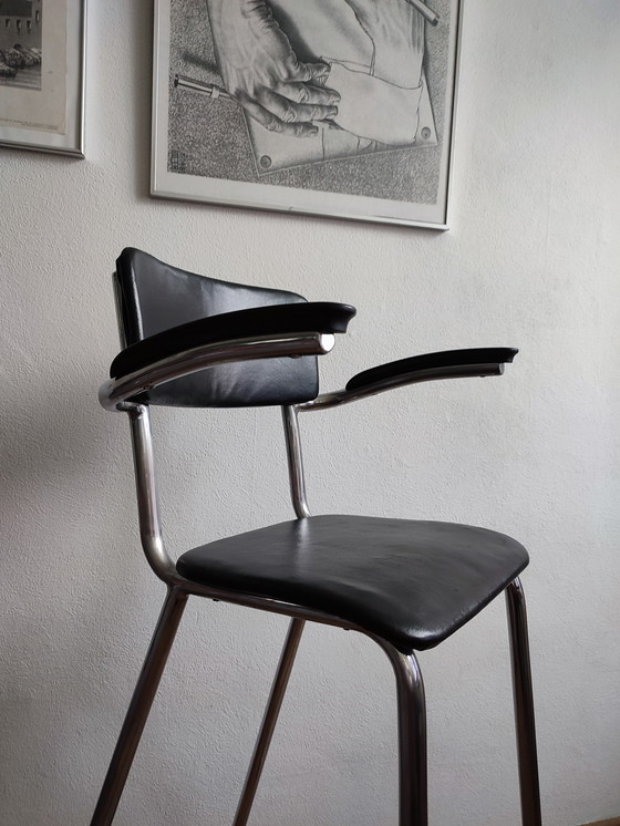 Image 1 of Vintage Children's Barber Chair 1950 Gispen Style Chrome & Black Barber Chair Children