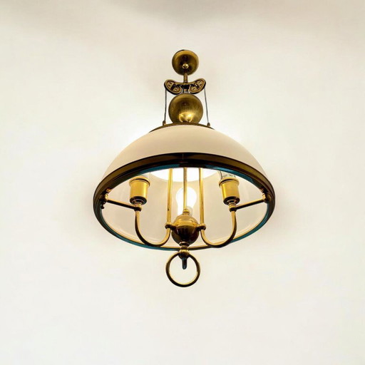 Seltene Art Déco Stil Pendelleuchte, Deckenlampe mit Steampunk-Elementen, Antik, Vintage, Messing und Glas