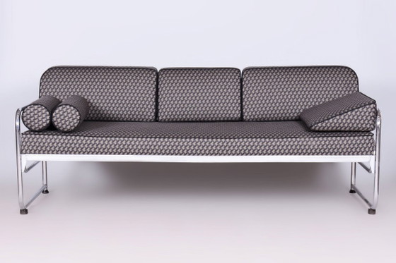 Sofá Bauhaus restaurado, de Mücke-Melder, cromado, tapizado nuevo, checo, años 30 – Textile, Chrome (photo 3 of 15)