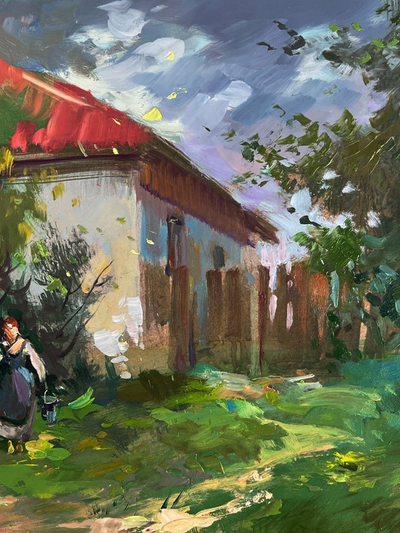Image 1 of Peinture à l'huile originale, paysage rural, puits de village d'été