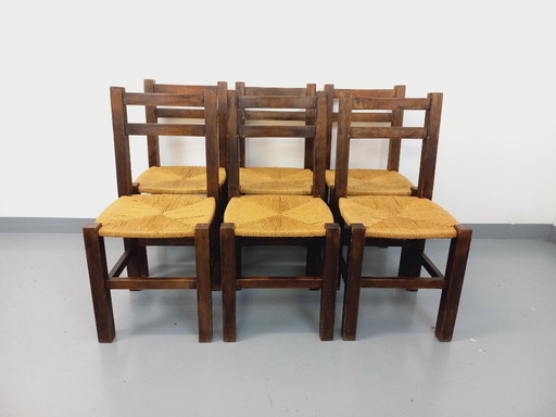 Set aus 6 Vintage-Brutalismus-Stühlen aus massiver Eiche und Stroh aus den 60er Jahren