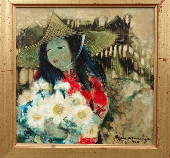 Image 1 of Junge Frau m. Blumen, Bangkok, Thailand 1975, young woman with a bouquet of flowers 