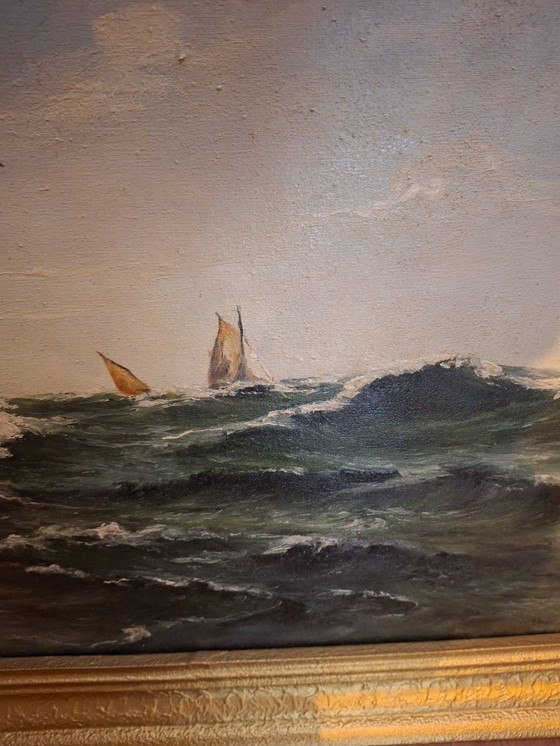 Image 1 of Pintura al óleo de veleros en aguas turbulentas