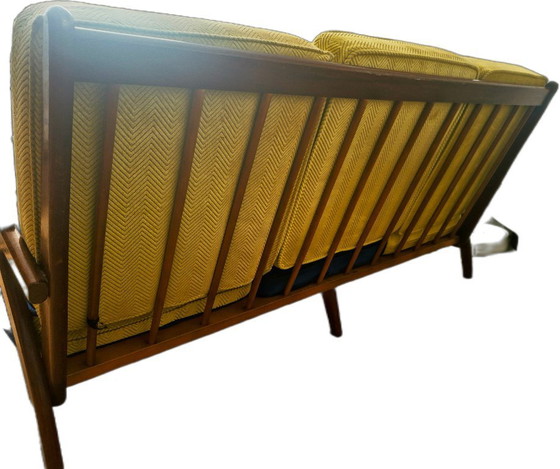 1950s wooden bench with designer upholstery – 3-5 seaters, Textile (photo 5 of 5)