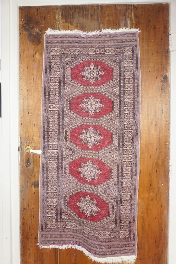 Image 1 of vintage bokhara runner rug * pakistani wool hallway carpet * purple tone and red oriental tribal rug 