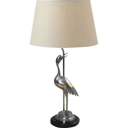 Lámpara de mesa vintage en forma de garza de latón cromado, Reino Unido, 1970