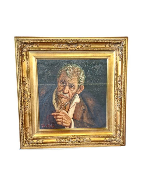 Image 1 of Seltenes Ölgemälde auf Leinwand von Tullio Grassi „Alter Mann mit Pfeife“