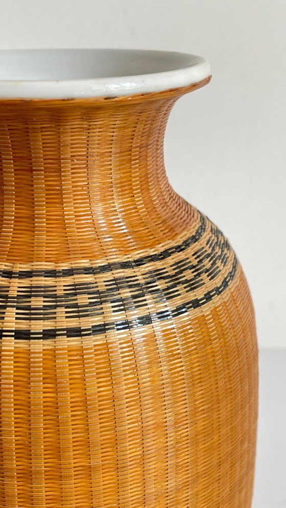 Image 1 of Vintage Woven Bamboo and Fine Porcelain Vase