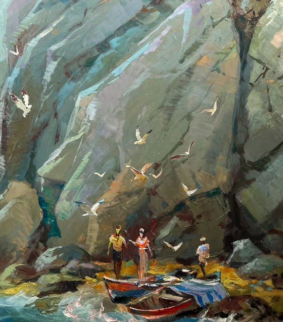 Image 1 of Pintura al óleo original Paisaje rocoso costero Susurro de las olas del mar