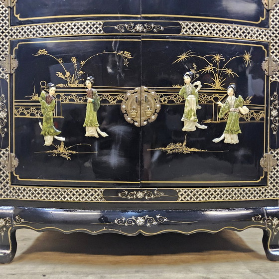 Vintage Chinese black lacquer cabinet (soapstone, mother-of-pearl) bohemian / oriental cabinet ^ bridal (photo 7 of 15)